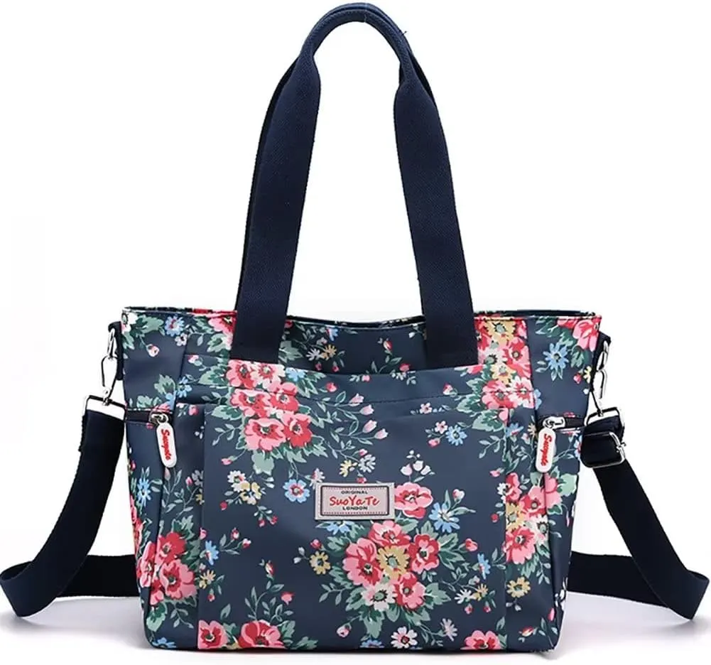 Mudono Tote Bag for Women Vintage Nylon Crossbody Purse Large Floral Shoulder Bag Casual Hobo Handbag Lightweight Satchel