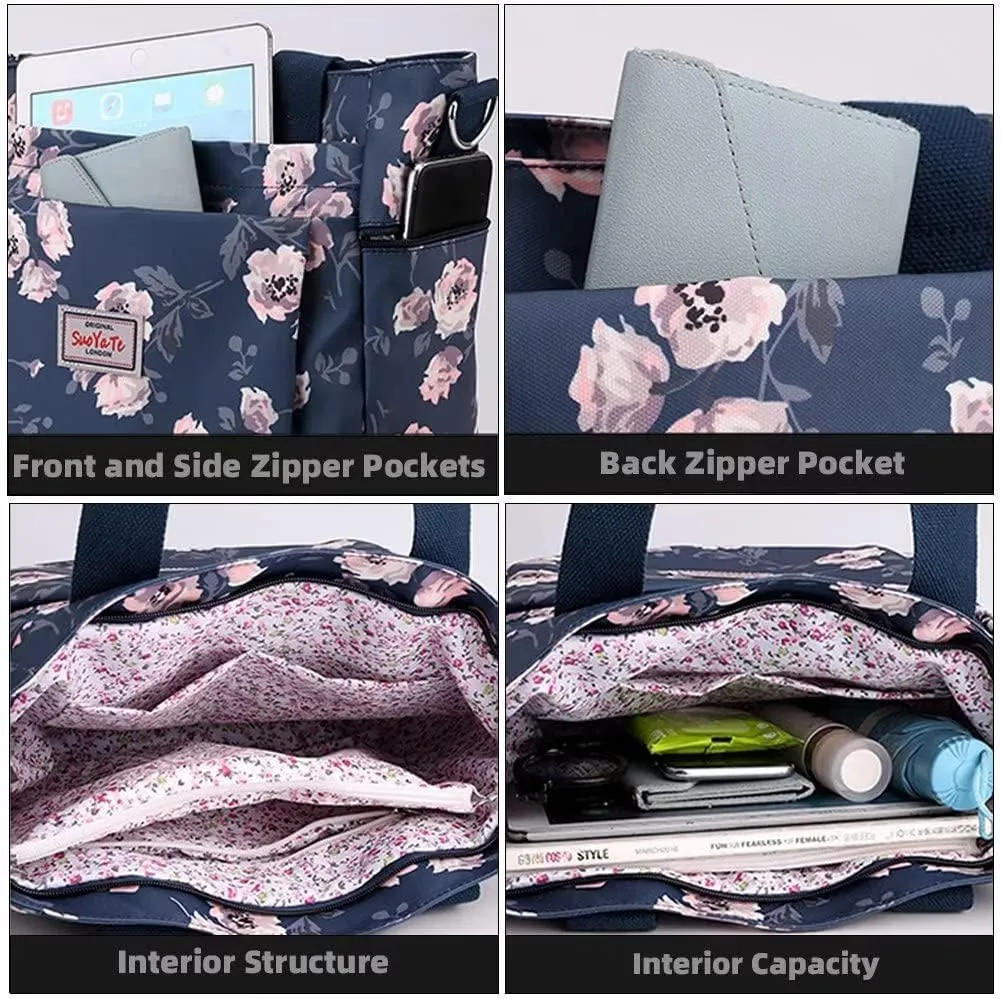 Mudono Tote Bag for Women Vintage Nylon Crossbody Purse Large Floral Shoulder Bag Casual Hobo Handbag Lightweight Satchel
