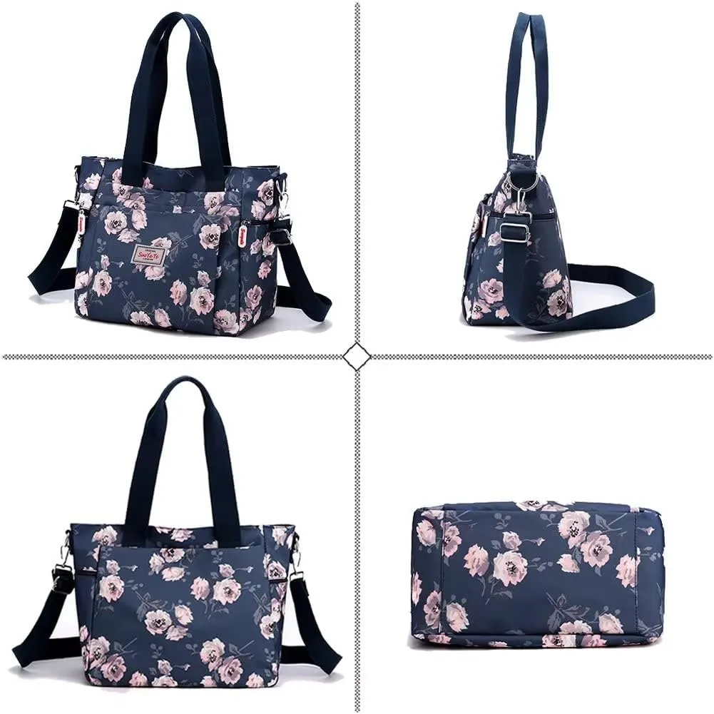 Mudono Tote Bag for Women Vintage Nylon Crossbody Purse Large Floral Shoulder Bag Casual Hobo Handbag Lightweight Satchel
