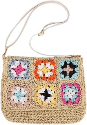 Muloo Ethnic Vintage Woven Flap Crossbody Bag Beach Vacation Crochet Colorful Flower Shoulder Bag Purse with Adjustable Strap, Beige