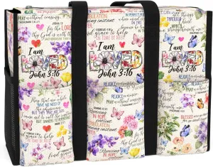 Multi-Pocket Tote Bag for Women. Waterproof Shoulder Bag with Multiple Convenient Pockets and Zipper. God Jesus Christian Faith Religious Gift. I am Loved.