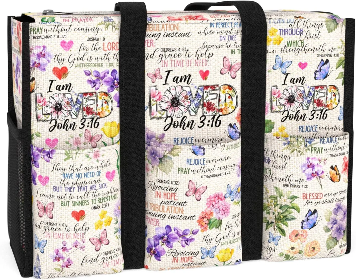 Multi-Pocket Tote Bag for Women. Waterproof Shoulder Bag with Multiple Convenient Pockets and Zipper. God Jesus Christian Faith Religious Gift. I am Loved.