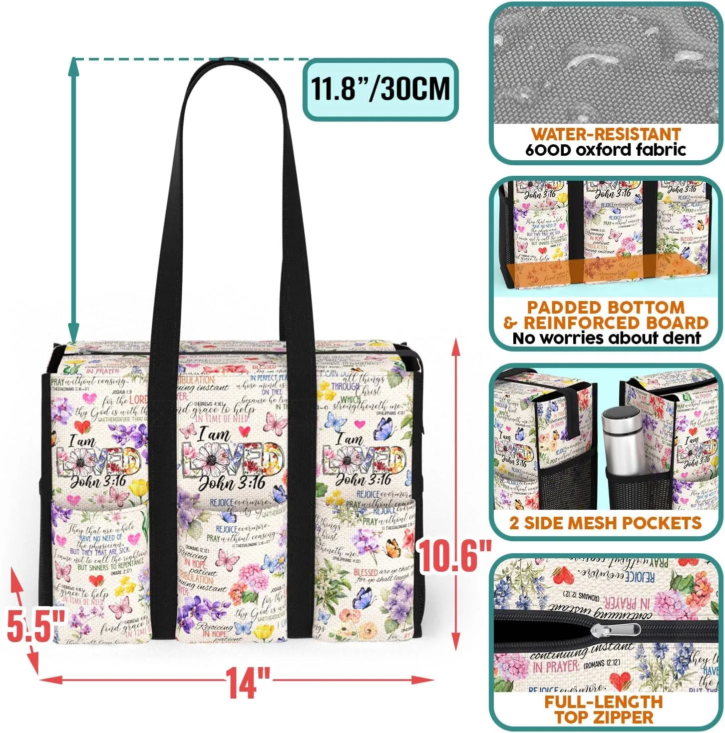 Multi-Pocket Tote Bag for Women. Waterproof Shoulder Bag with Multiple Convenient Pockets and Zipper. God Jesus Christian Faith Religious Gift. I am Loved.
