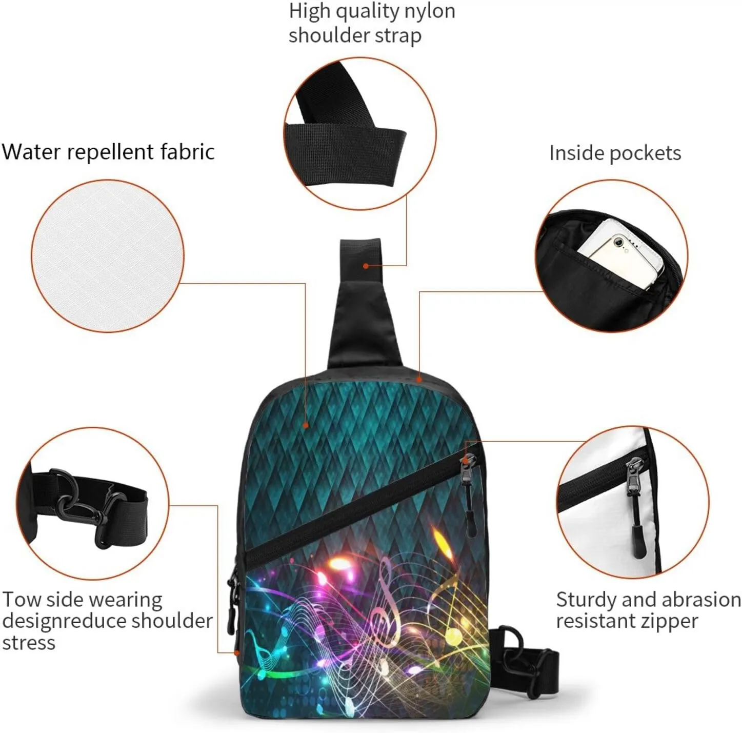 Music Musical Melody Festival Sling Bag for Men Women, Small Crossbody Sling Backpack Shoulder Chest Bag, Anti Theft Travel Hiking Sports
