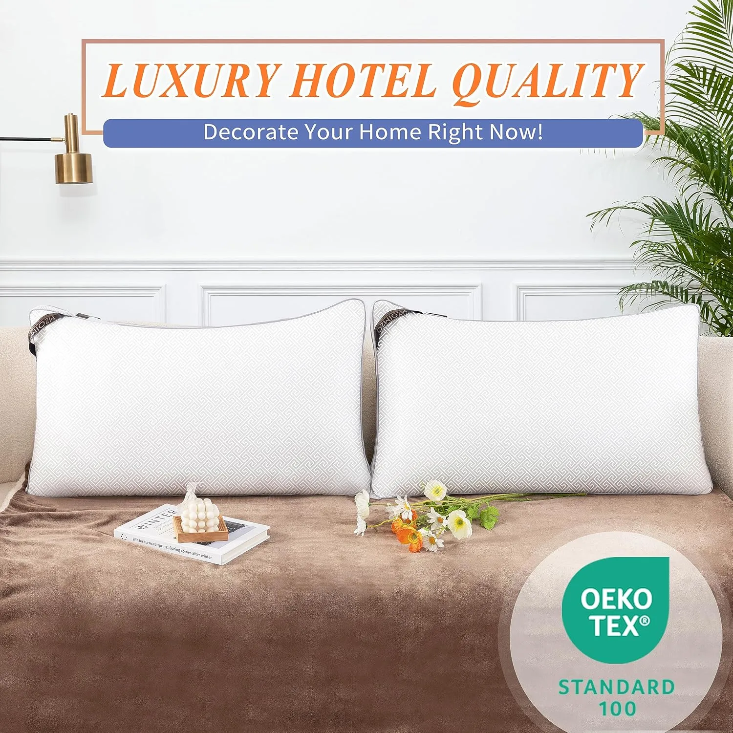 MZOIMZO Luxury Comfy Hotel Collection Bed Pillows for Sleeping- Firm Standard Size Set of 2, Gusseted Cooling Side Mesh Design with Premium Down Alternative Filling for Back, Stomach or Side Sleepers