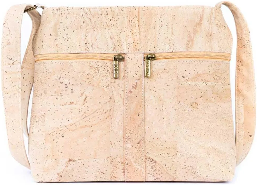 Natural Portuguese Cork Crossbody Bag, 12 x 10 x 3.5 inches, 3 Zippered Compartments, Adjustable Strap, Made in Portugal