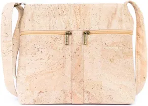 Natural Portuguese Cork Crossbody Bag, 12 x 10 x 3.5 inches, 3 Zippered Compartments, Adjustable Strap, Made in Portugal