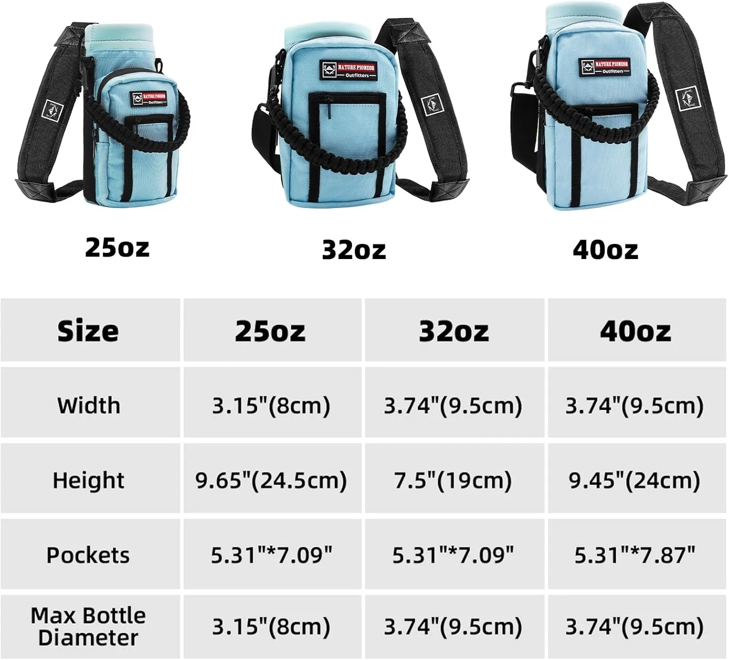 NATURE PIONEOR Water Bottle Holder with Strap 25 32 40 64 oz Insulated Water Bottle Carrier Sling Sleeve for Hiking,Outdoor Camping,Gym