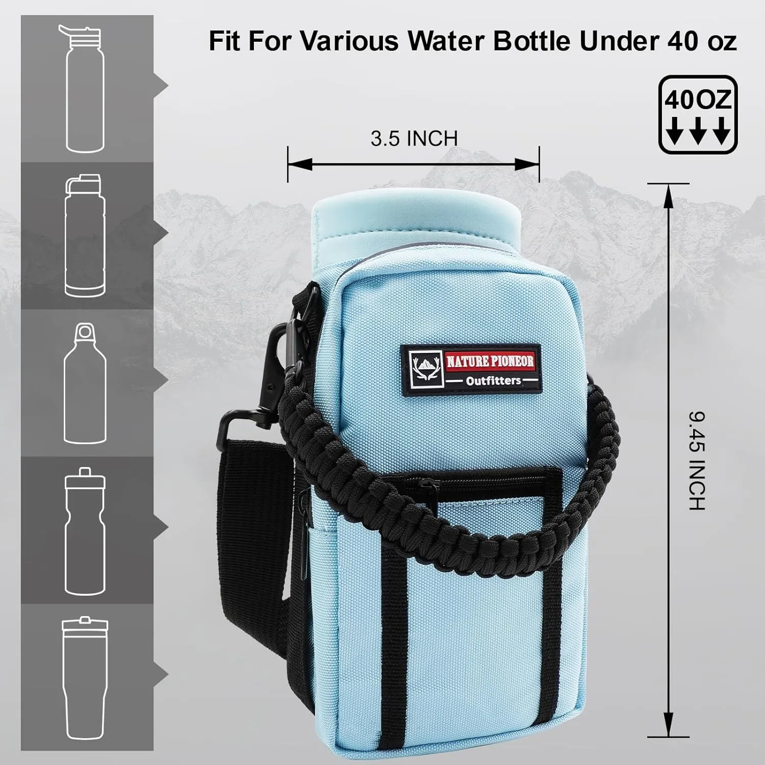 NATURE PIONEOR Water Bottle Holder with Strap 25 32 40 64 oz Insulated Water Bottle Carrier Sling Sleeve for Hiking,Outdoor Camping,Gym