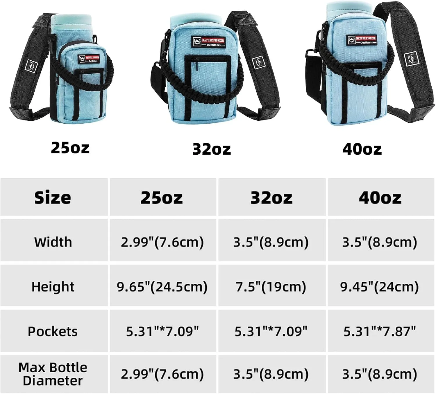 NATURE PIONEOR Water Bottle Holder with Strap 25 32 40 64 oz Insulated Water Bottle Carrier Sling Sleeve for Hiking,Outdoor Camping,Gym