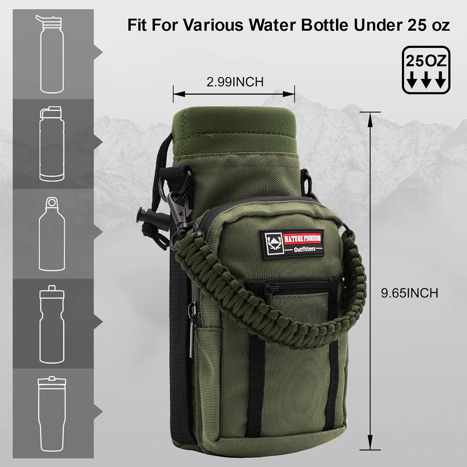 NATURE PIONEOR Water Bottle Holder with Strap 25 32 40 64 oz Insulated Water Bottle Carrier Sling Sleeve for Hiking,Outdoor Camping,Gym