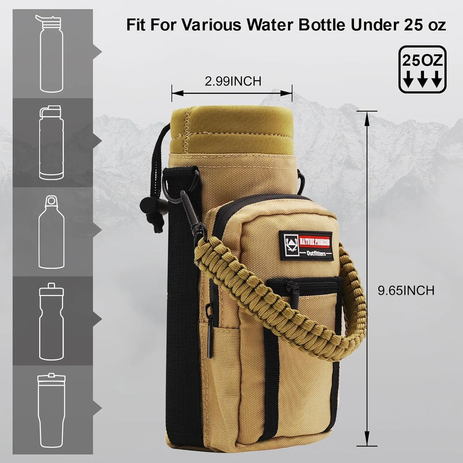 NATURE PIONEOR Water Bottle Holder with Strap 25 32 40 64 oz Insulated Water Bottle Carrier Sling Sleeve for Hiking,Outdoor Camping,Gym