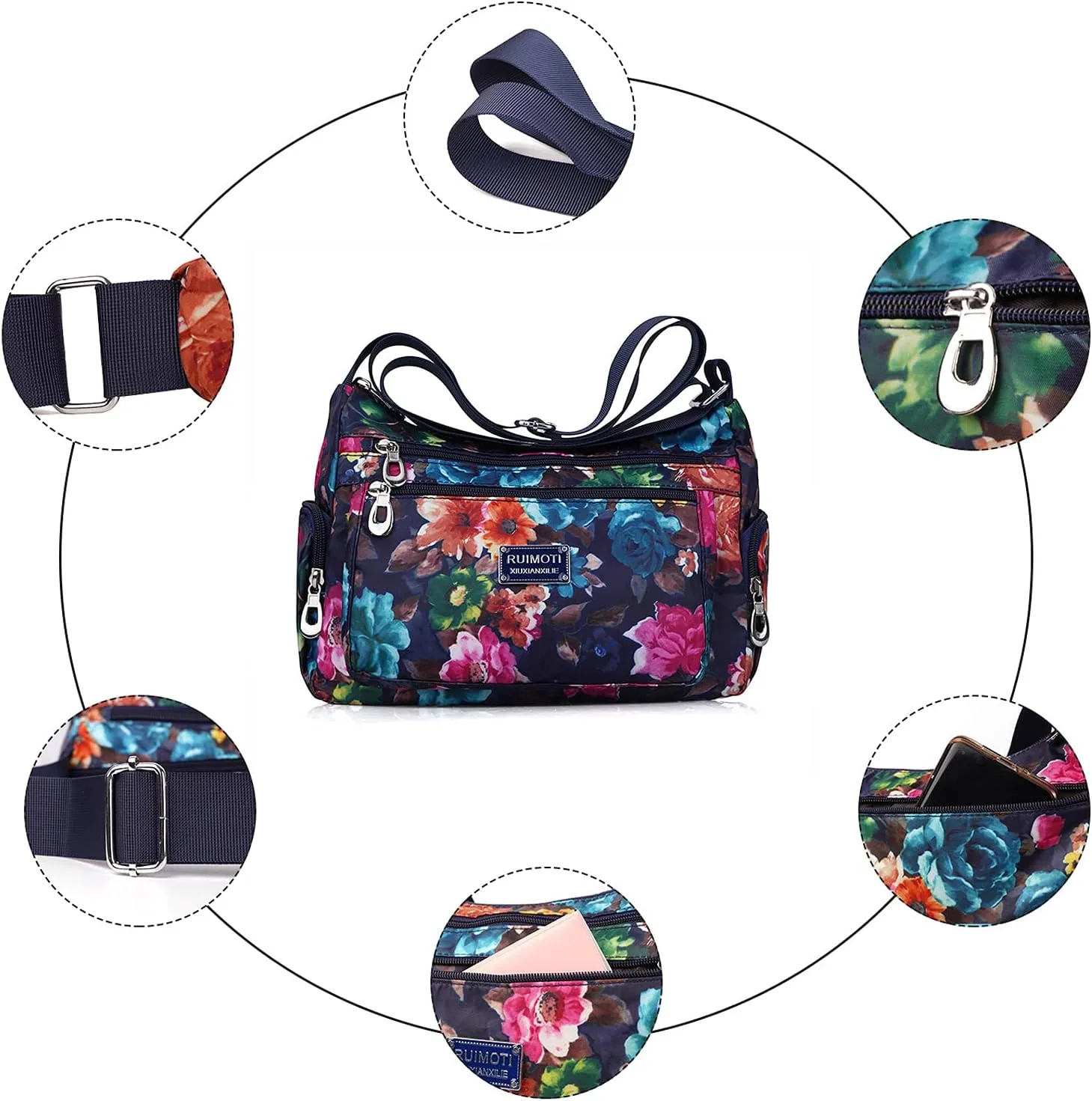 NOTAG Crossbody Bags for Women Nylon Shoulder Bag Floral Multi-Pocket Purses and Handbags