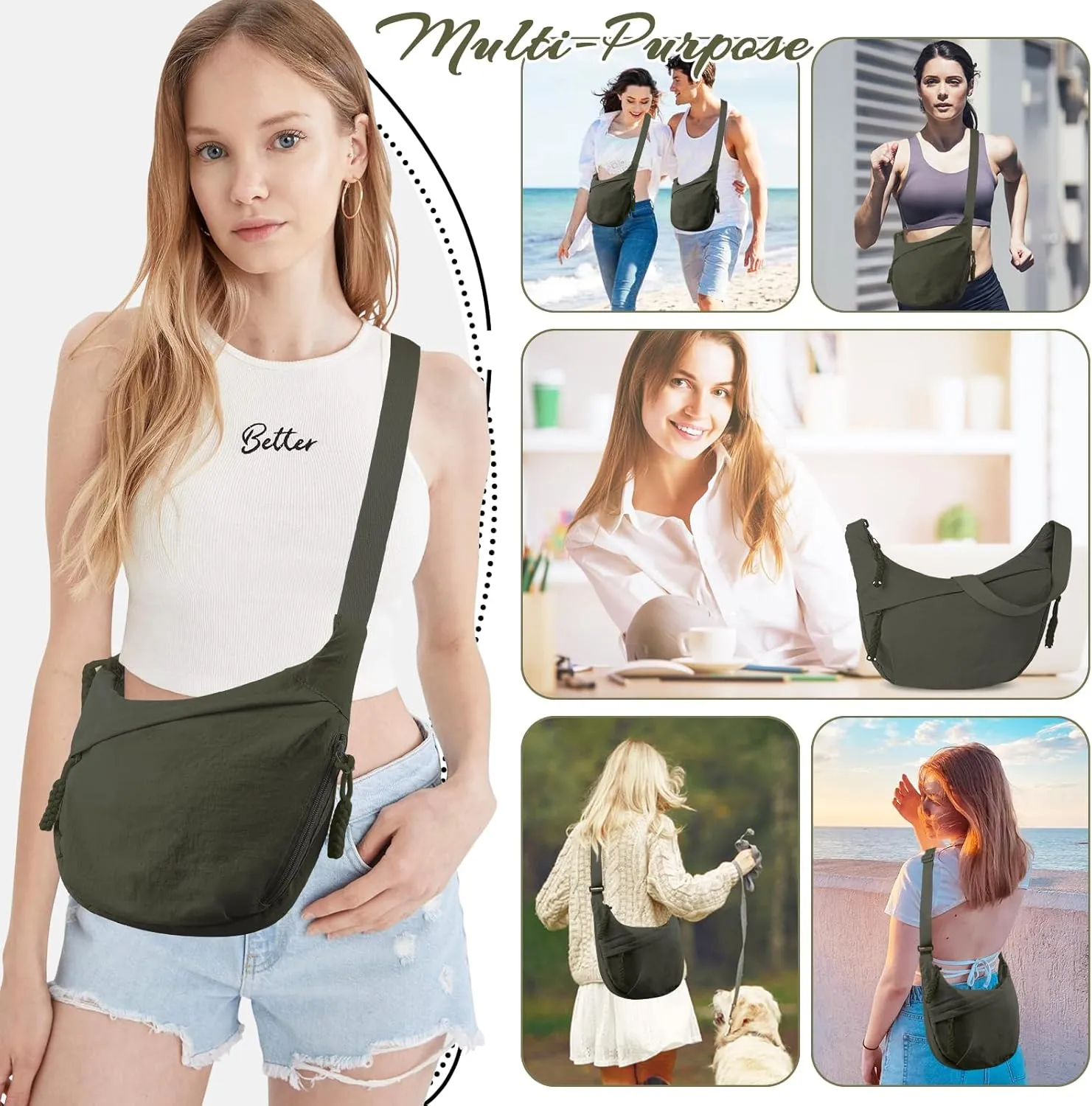 Nylon Crescent Crossbody Bag Hobo Bag for Women Men, Small Dumpling Shoulder bag with Adjustable Strap, Casual Sling Bag