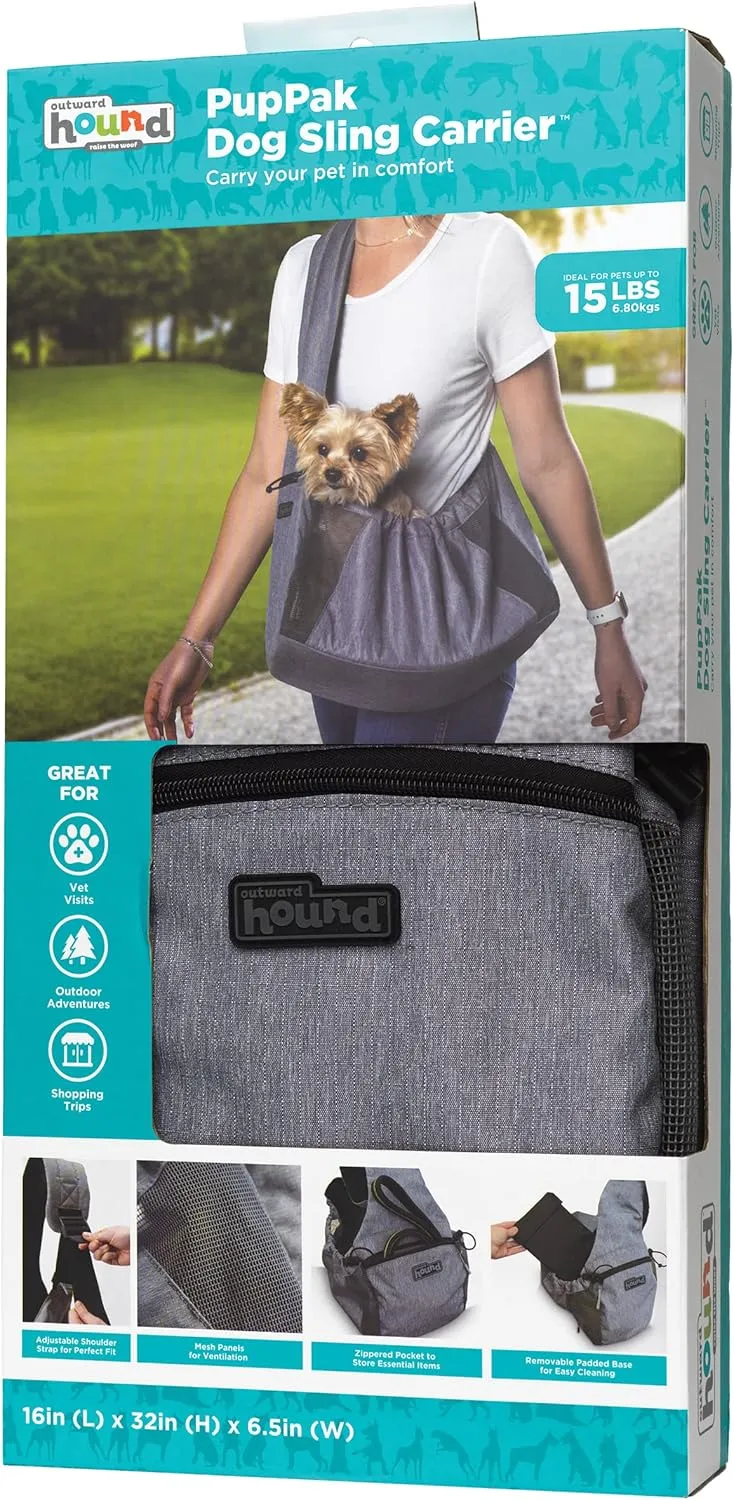 Outward Hound PupPak Sling Dog Carrier, Grey – Hands-Free Sling for Small Pets up to 15 lbs, Adjustable Strap, Mesh Ventilation, Zippered Pocket, Drawstring Fit – Ideal for Travel & Adventures