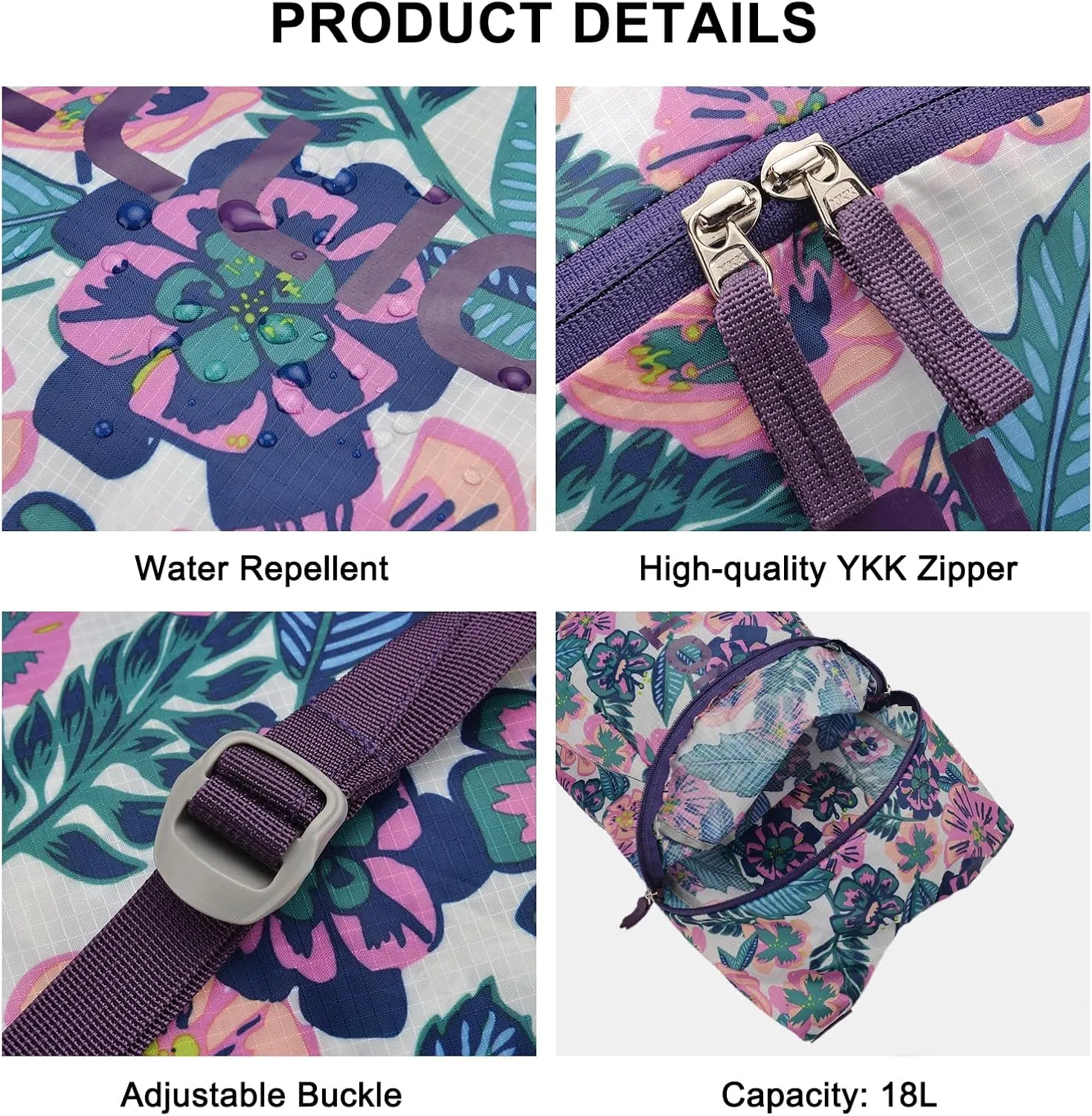 Packable Hiking Backpack 18L Lightweight Back Pack Outdoor Floral Travel Daypack for Women White Purple Print