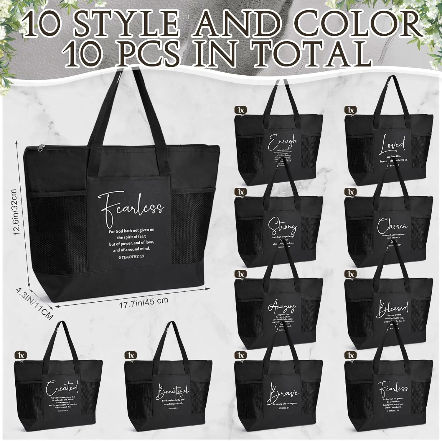 Paterr 10 Pcs Christian Tote Bags Bulk with Pocket Zipper for Women Bible Study Religious Church Gifts for Mother's Day