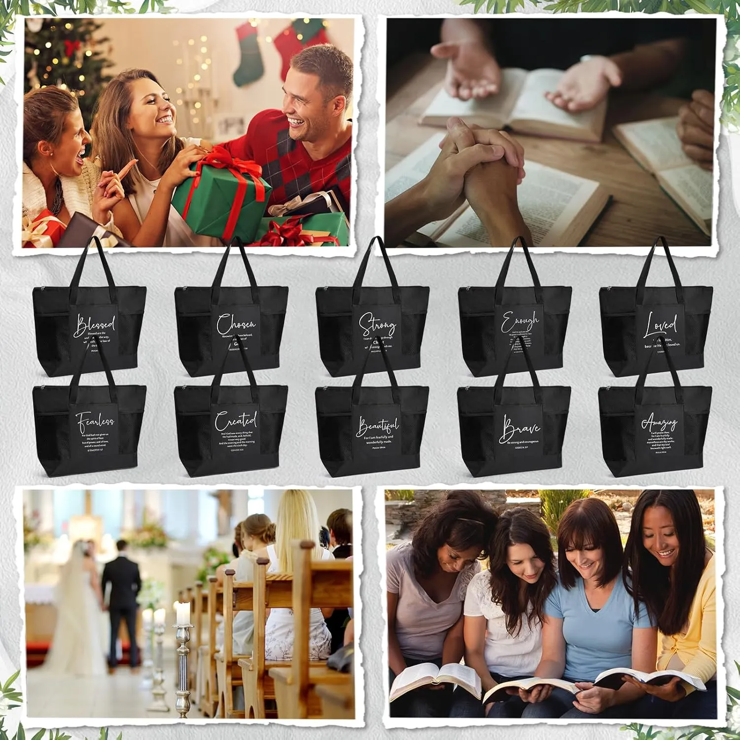 Paterr 10 Pcs Christian Tote Bags Bulk with Pocket Zipper for Women Bible Study Religious Church Gifts for Mother's Day