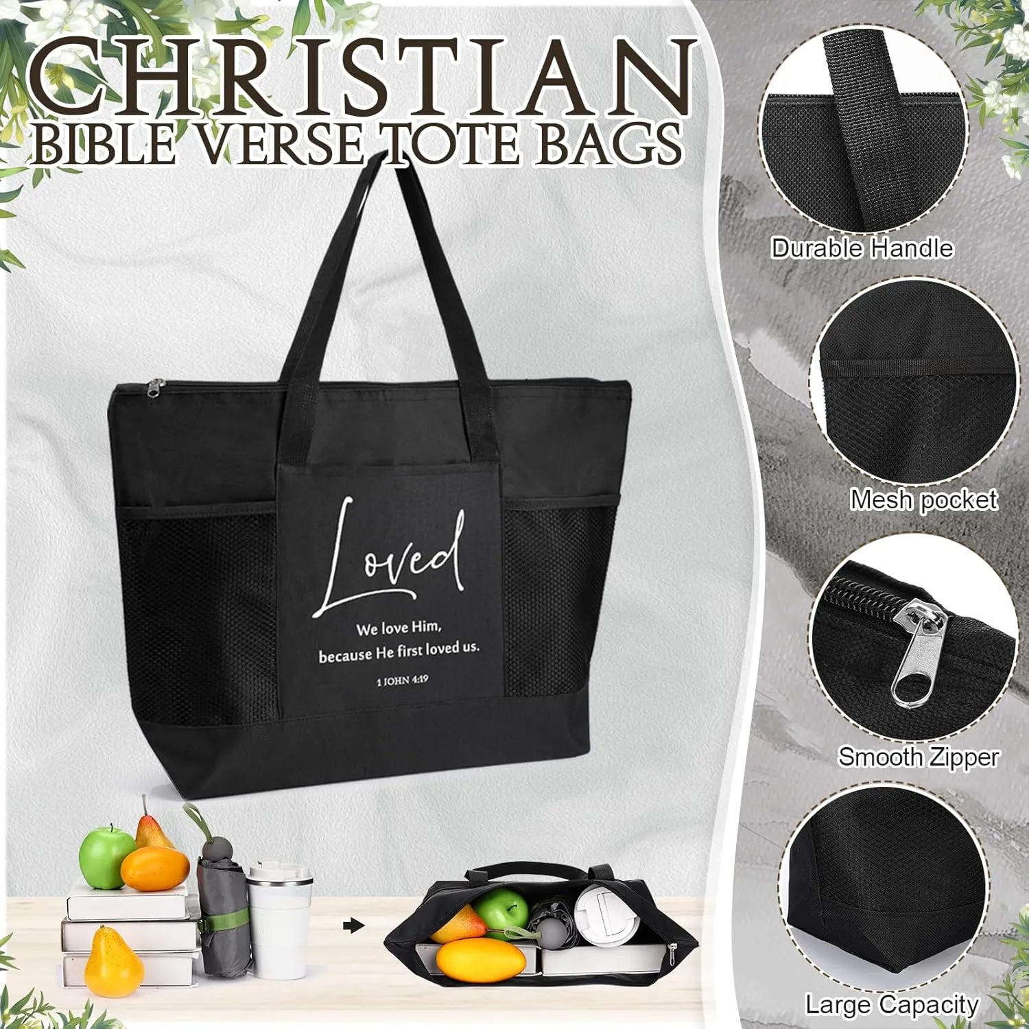 Paterr 10 Pcs Christian Tote Bags Bulk with Pocket Zipper for Women Bible Study Religious Church Gifts for Mother's Day