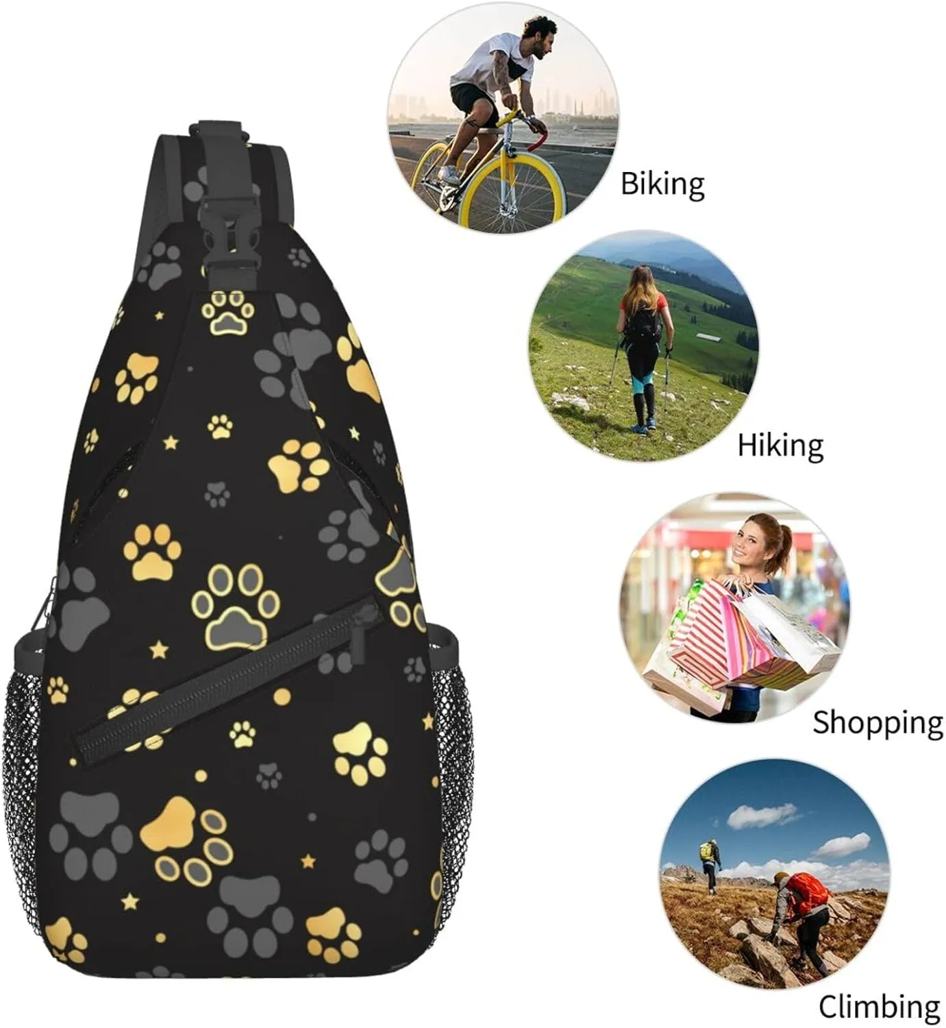 Paw Print Sling Bag for Women Crossbody Bag Golden Dog Paw Print and Stars on Black Background Sling Backpack for Men Cute Animal Footprint Shoulder Bag Gym Sports Travel Hiking Daypack