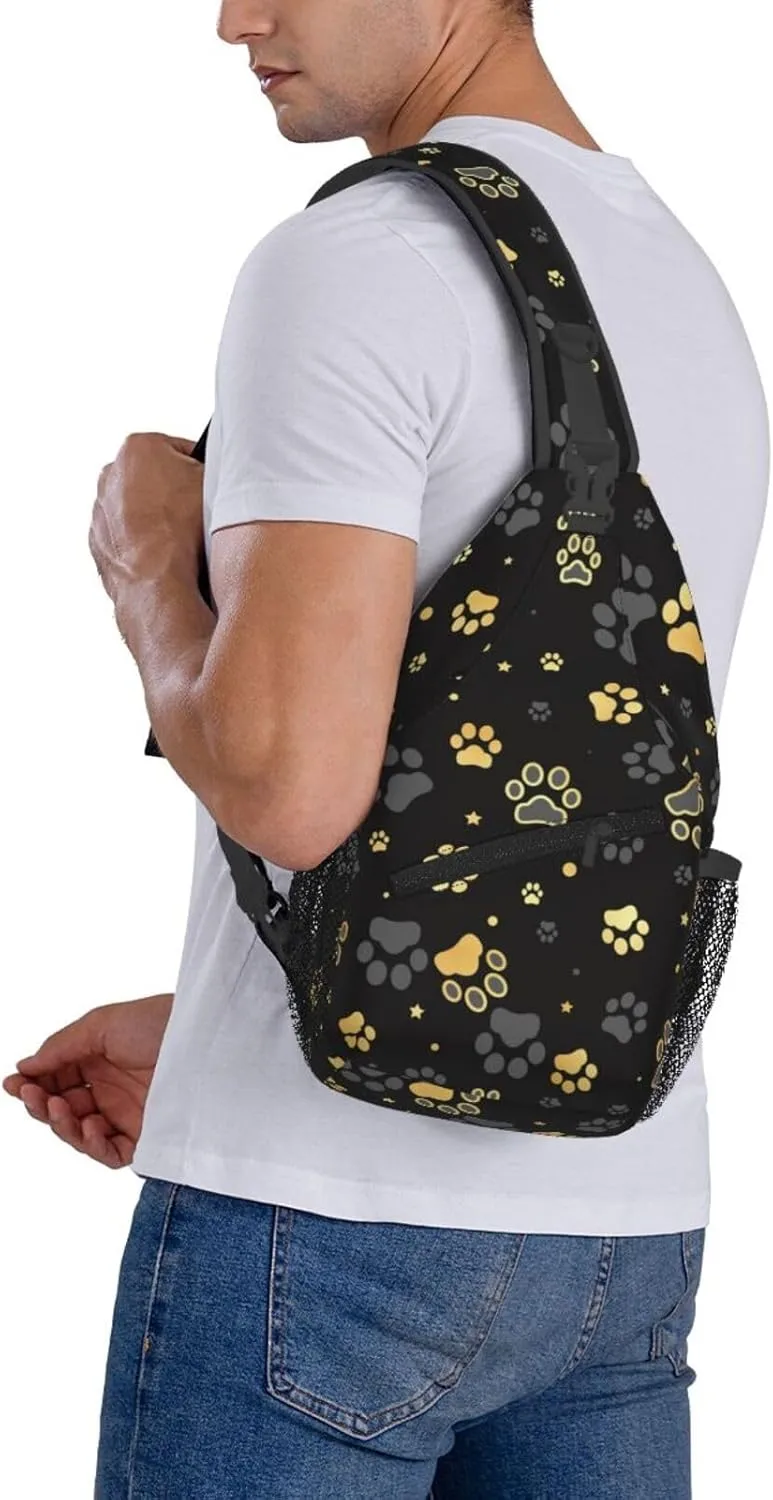 Paw Print Sling Bag for Women Crossbody Bag Golden Dog Paw Print and Stars on Black Background Sling Backpack for Men Cute Animal Footprint Shoulder Bag Gym Sports Travel Hiking Daypack