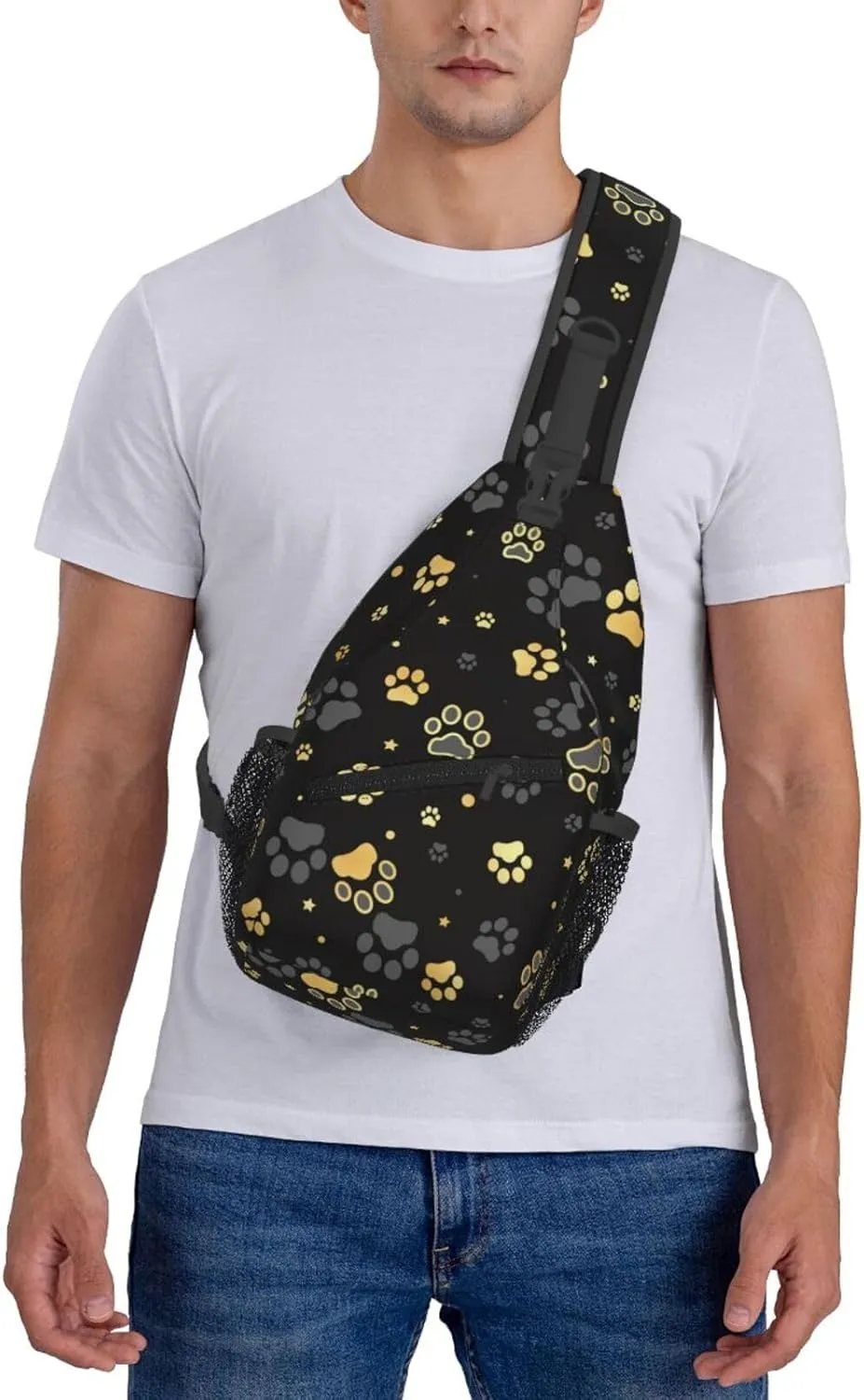 Paw Print Sling Bag for Women Crossbody Bag Golden Dog Paw Print and Stars on Black Background Sling Backpack for Men Cute Animal Footprint Shoulder Bag Gym Sports Travel Hiking Daypack