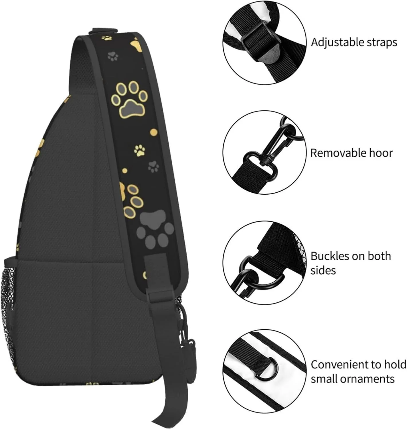 Paw Print Sling Bag for Women Crossbody Bag Golden Dog Paw Print and Stars on Black Background Sling Backpack for Men Cute Animal Footprint Shoulder Bag Gym Sports Travel Hiking Daypack
