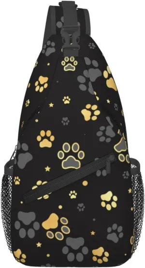 Paw Print Sling Bag for Women Crossbody Bag Golden Dog Paw Print and Stars on Black Background Sling Backpack for Men Cute Animal Footprint Shoulder Bag Gym Sports Travel Hiking Daypack