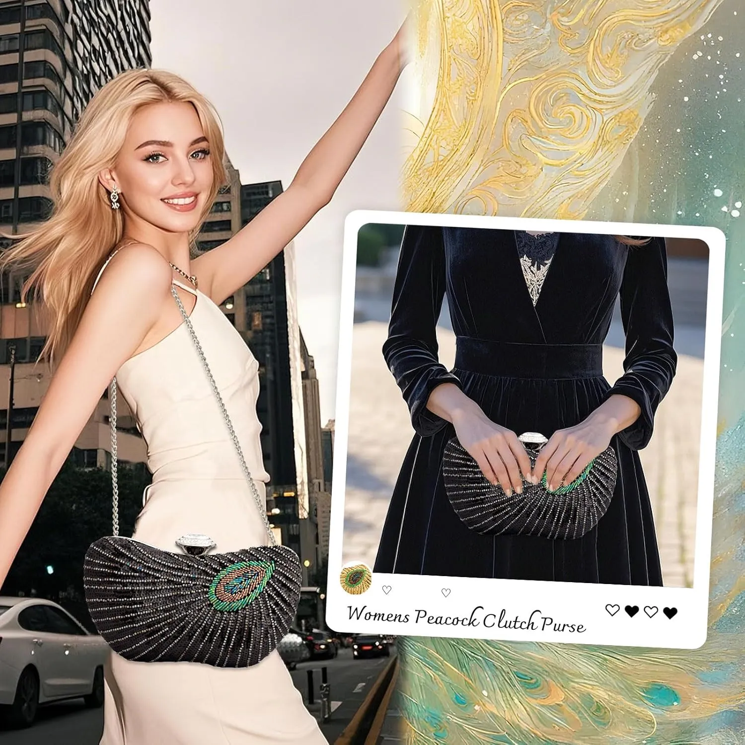 Peacock Clutch Purse Evening Handbags for Womens Vintage Crossbody Shoulder Bags Sequin Feather and Detachable Chains