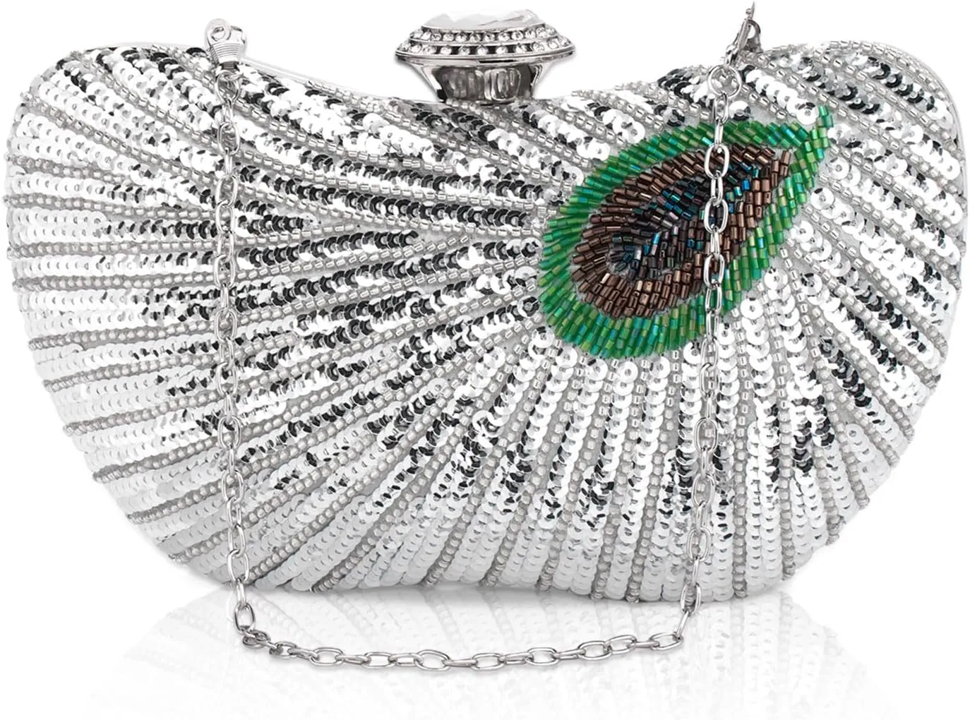 Peacock Clutch Purse Evening Handbags for Womens Vintage Crossbody Shoulder Bags Sequin Feather and Detachable Chains