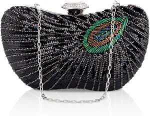 Peacock Clutch Purse Evening Handbags for Womens Vintage Crossbody Shoulder Bags Sequin Feather and Detachable Chains