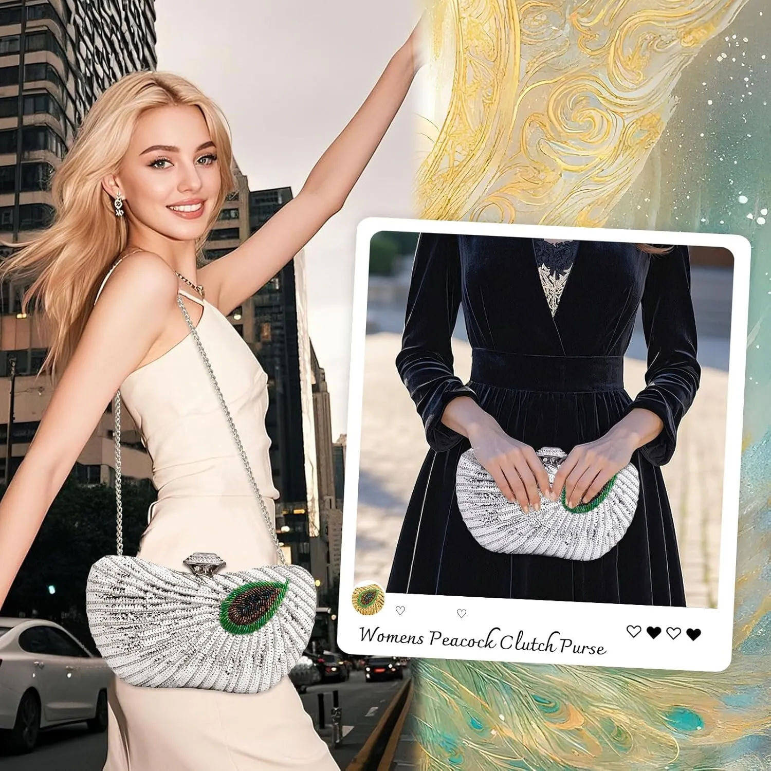 Peacock Clutch Purse Evening Handbags for Womens Vintage Crossbody Shoulder Bags Sequin Feather and Detachable Chains