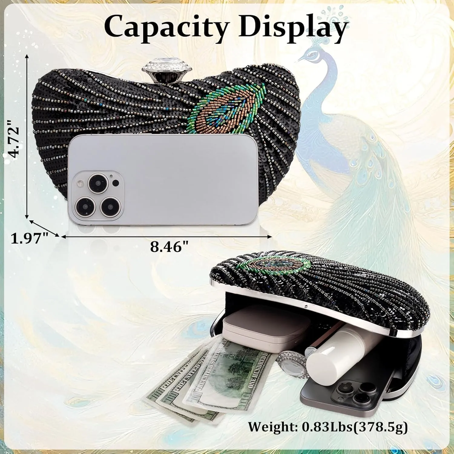 Peacock Clutch Purse Evening Handbags for Womens Vintage Crossbody Shoulder Bags Sequin Feather and Detachable Chains