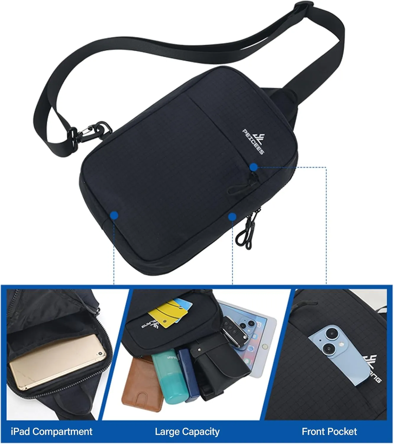 Peicees Small Sling Bag for Women Men Trendy Casual Phone Chest Bag Waterproof Crossbody Daypack