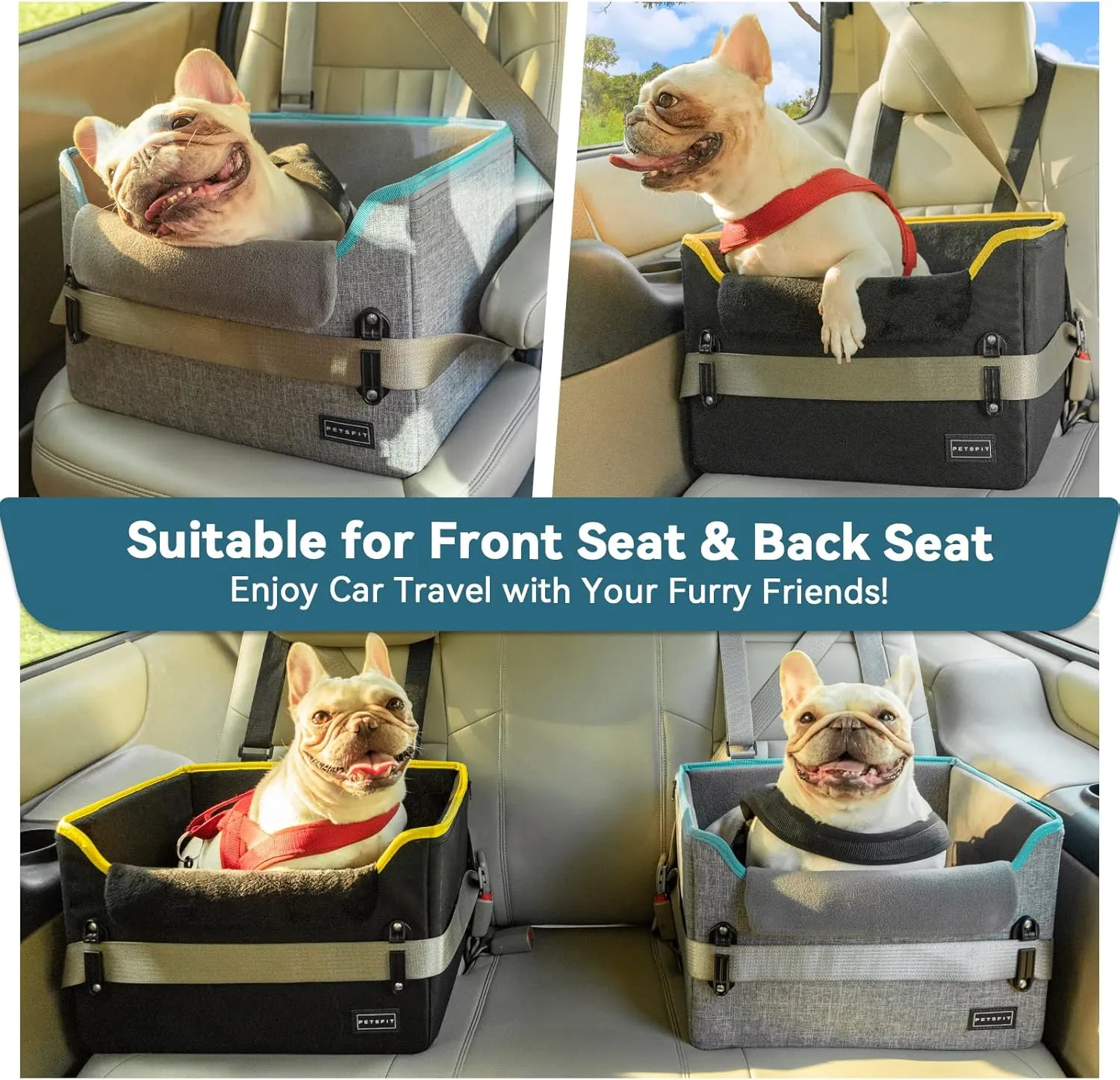 PETSFIT Dog Car Seats for Small Dogs, Portable Dog Booster Car Seat with Patent Safe Buckles, Clip-On Leash, Suitable for Small Pets Up to 25lbs (Grey)