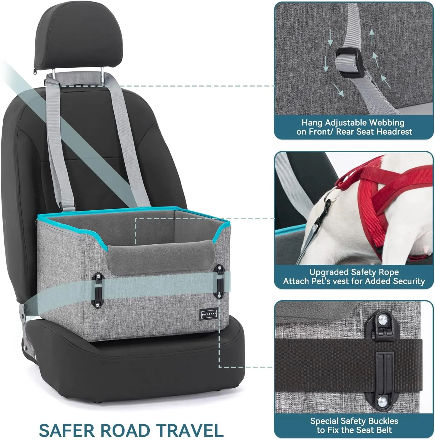 PETSFIT Dog Car Seats for Small Dogs, Portable Dog Booster Car Seat with Patent Safe Buckles, Clip-On Leash, Suitable for Small Pets Up to 25lbs (Grey)