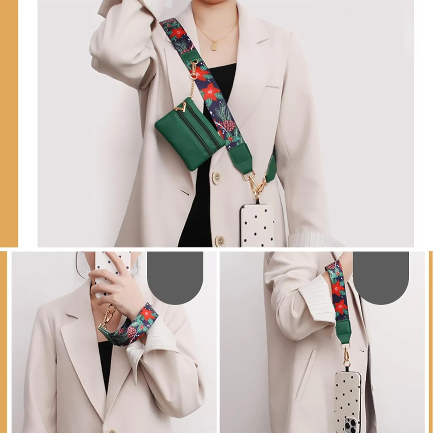 Phone Strap with Zippered Pouch, Clip and Go Strap for Phone with Wallet Crossbody, Adjustable Crossbody Phone Strap
