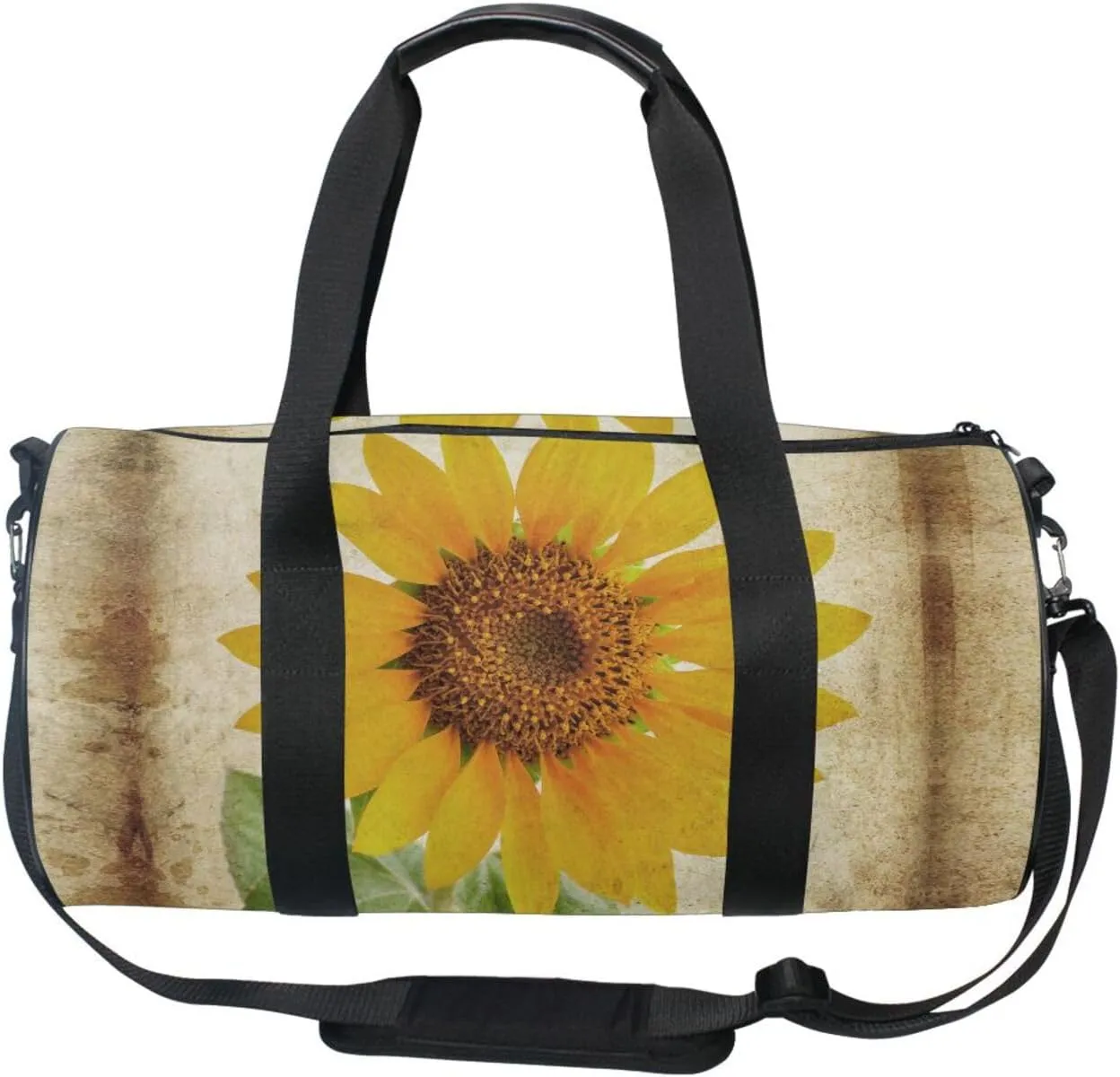Photo of a Big Sunflower on Grunge Background Portable Gym Bag, Travel Bag, Luggage bag, Sports Bag, Toiletry Bag with Handles, Detachable Shoulder Strap 17.6 x 9 x 9 inch