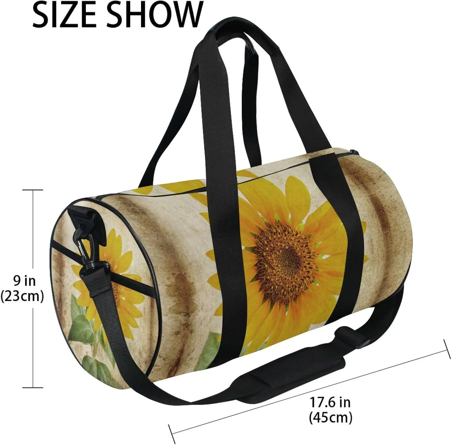 Photo of a Big Sunflower on Grunge Background Portable Gym Bag, Travel Bag, Luggage bag, Sports Bag, Toiletry Bag with Handles, Detachable Shoulder Strap 17.6 x 9 x 9 inch