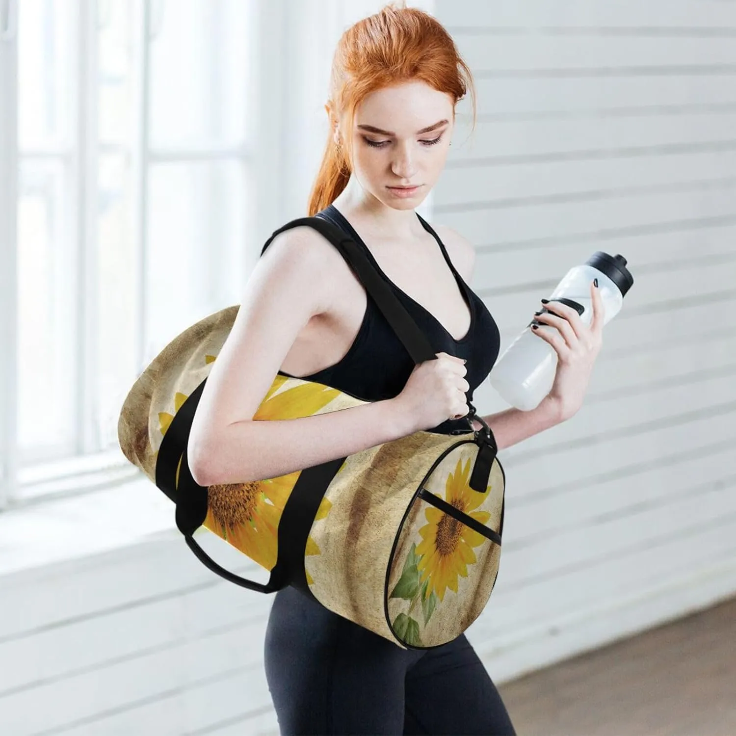 Photo of a Big Sunflower on Grunge Background Portable Gym Bag, Travel Bag, Luggage bag, Sports Bag, Toiletry Bag with Handles, Detachable Shoulder Strap 17.6 x 9 x 9 inch