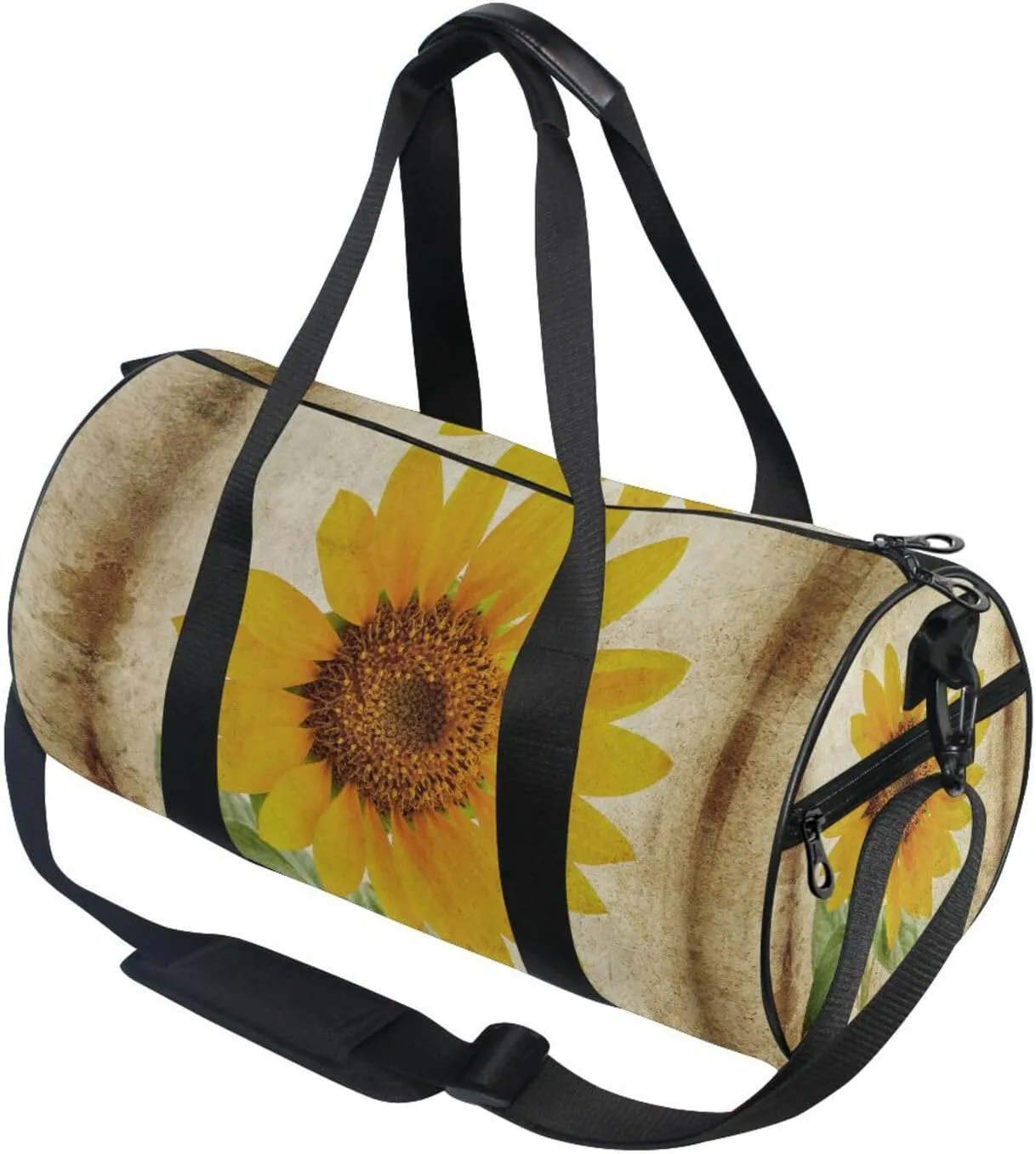 Photo of a Big Sunflower on Grunge Background Portable Gym Bag, Travel Bag, Luggage bag, Sports Bag, Toiletry Bag with Handles, Detachable Shoulder Strap 17.6 x 9 x 9 inch