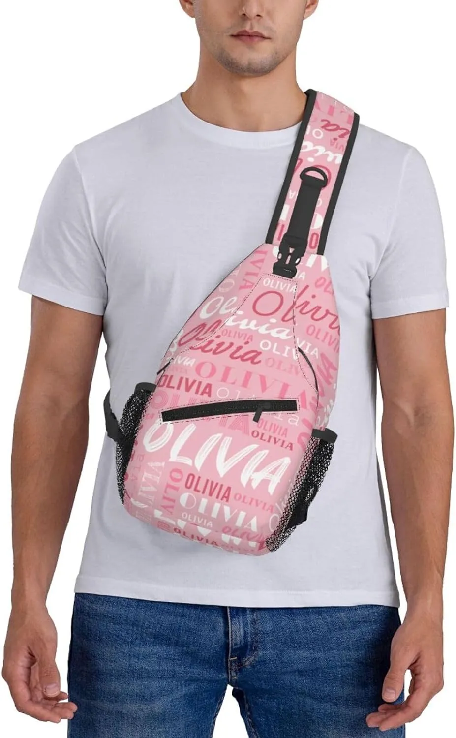 Pink Custom Sling Bag for Women Men Personalized Crossbody Sling Backpack with Name Photo Text Image Customized Chest Bag for Outdoor Travel Sport Hiking Daypack