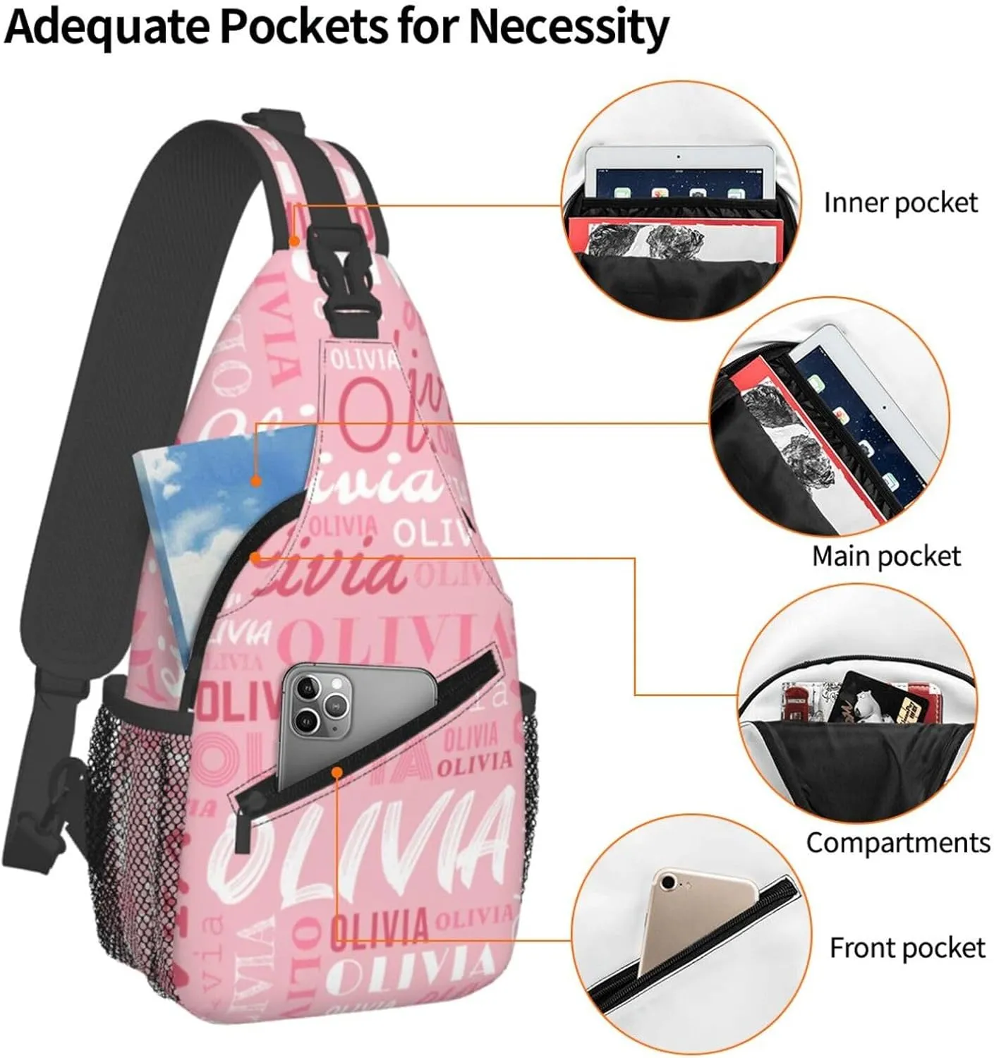 Pink Custom Sling Bag for Women Men Personalized Crossbody Sling Backpack with Name Photo Text Image Customized Chest Bag for Outdoor Travel Sport Hiking Daypack