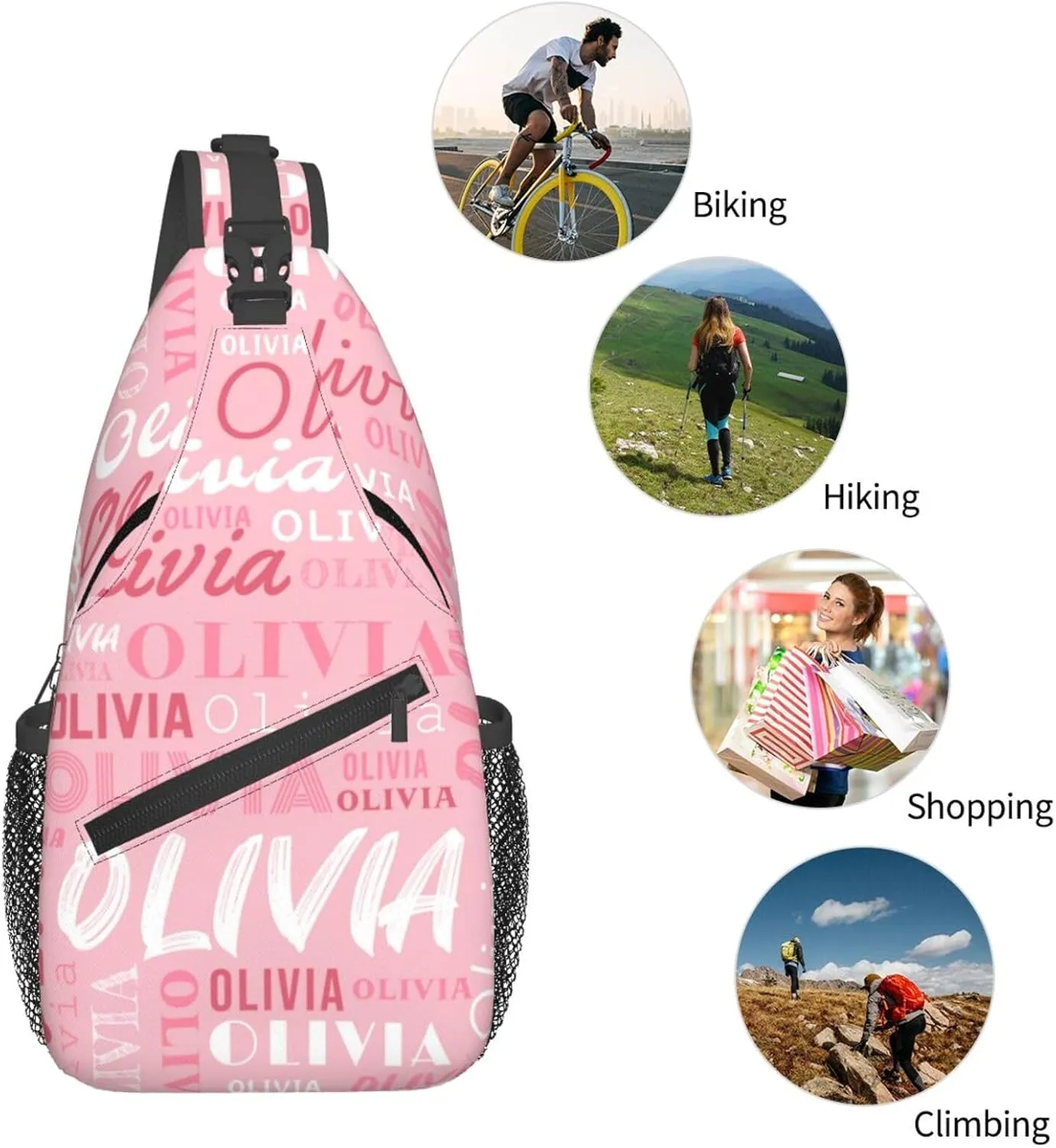 Pink Custom Sling Bag for Women Men Personalized Crossbody Sling Backpack with Name Photo Text Image Customized Chest Bag for Outdoor Travel Sport Hiking Daypack