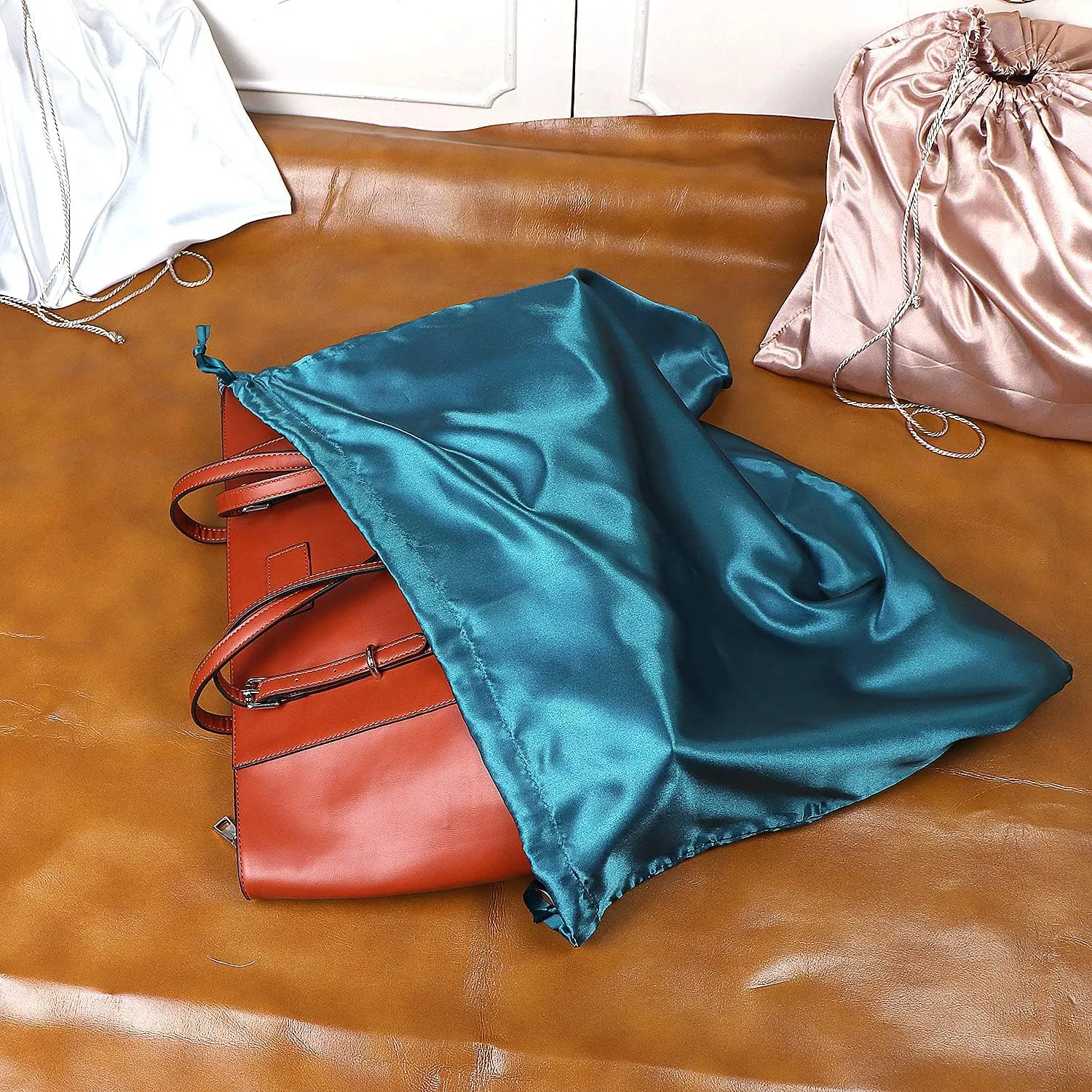 PlasMaller Dust Cover Storage Bags Silk Cloth with Drawstring Pouch For Handbags Purses Pocketbooks Shoes Boots Set of 6, Blue (23.6 x 19.6 in)