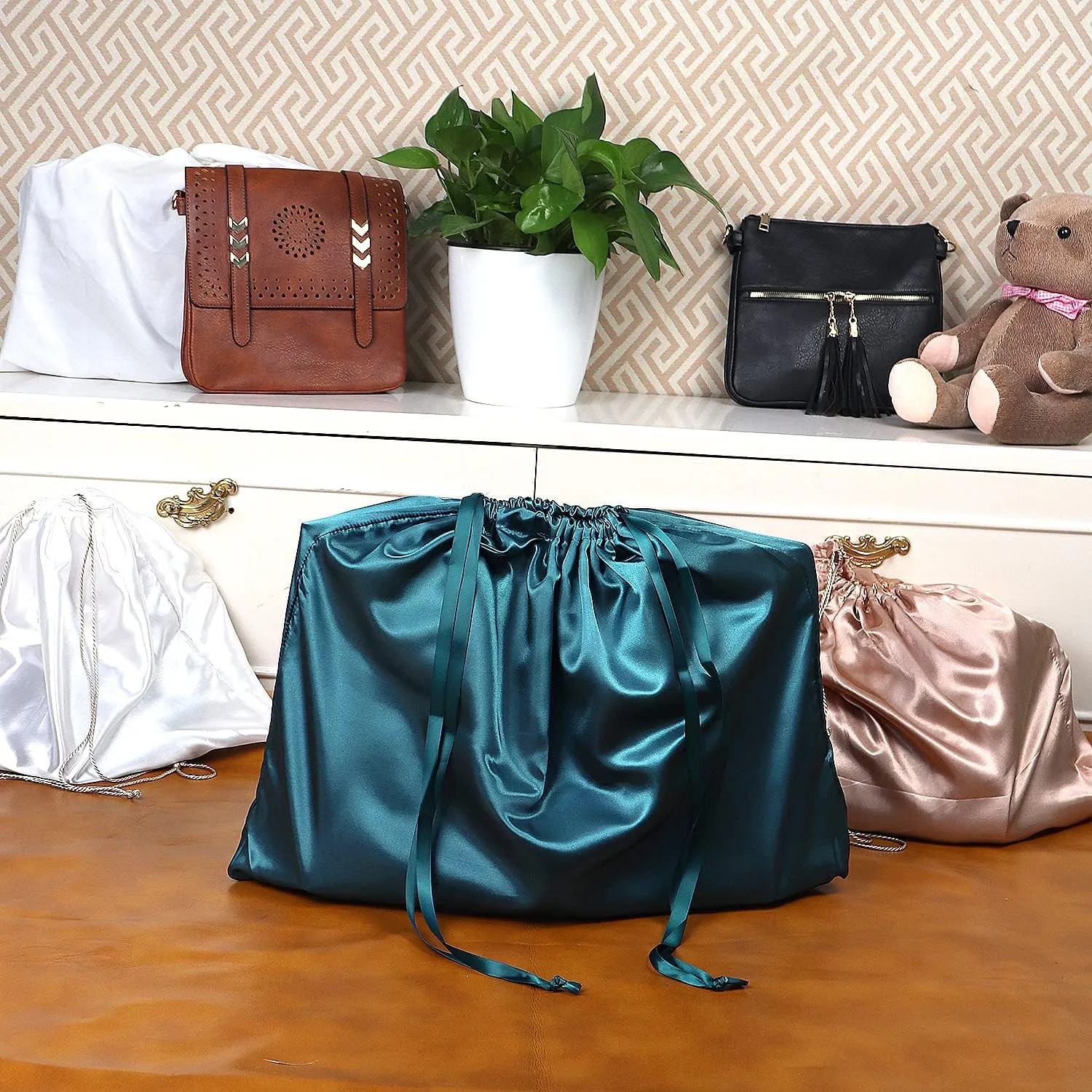 PlasMaller Dust Cover Storage Bags Silk Cloth with Drawstring Pouch For Handbags Purses Pocketbooks Shoes Boots Set of 6, Blue (23.6 x 19.6 in)