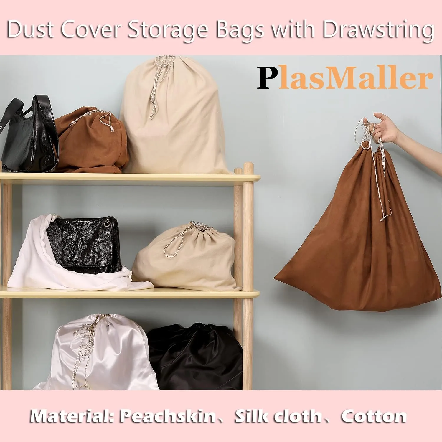 PlasMaller Dust Cover Storage Bags Silk Cloth with Drawstring Pouch For Handbags Purses Pocketbooks Shoes Boots Set of 6, Pink (19.6 x 15.7 in)