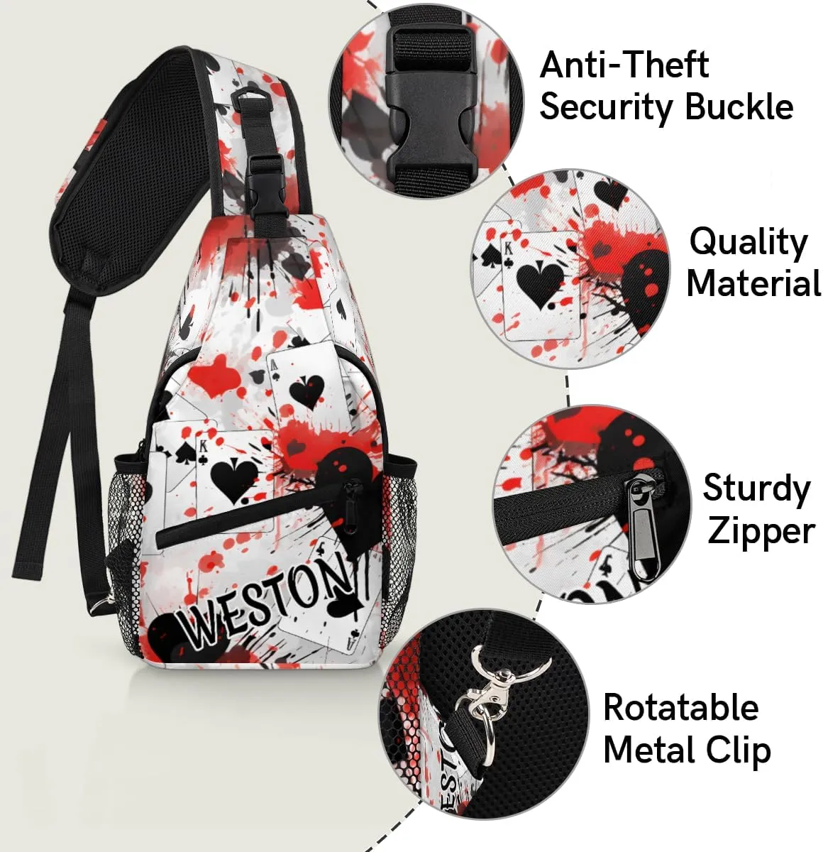 Poker Casino Theme Custom Sling Bag with name, Personalized Crossbody Sling Backpack for Women Men Outdoor Sports Chest Bag