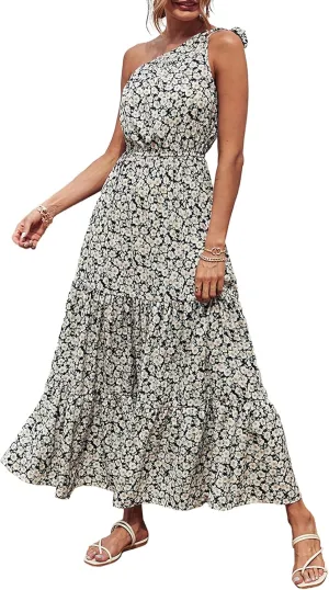 PRETTYGARDEN Women's Summer Floral One Shoulder Maxi Dress Knot Ruffle Boho Beach Vacation Wedding Guest Long Dresses