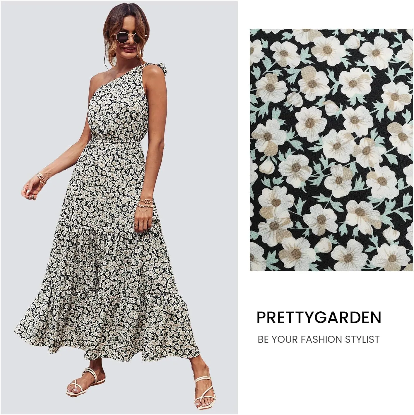 PRETTYGARDEN Women's Summer Floral One Shoulder Maxi Dress Knot Ruffle Boho Beach Vacation Wedding Guest Long Dresses